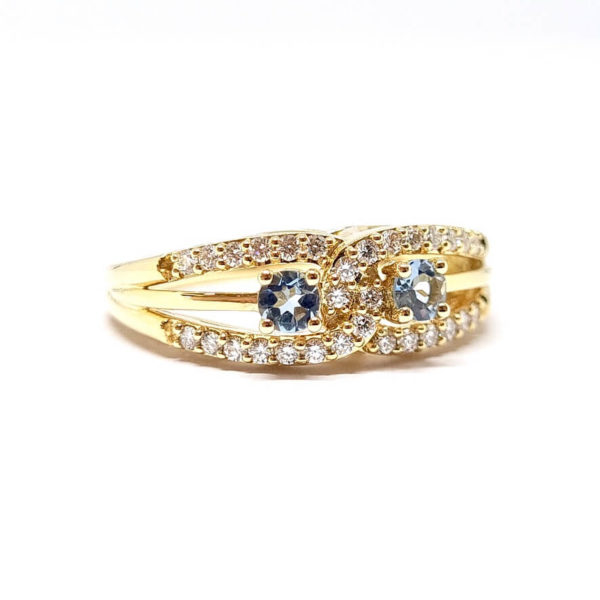 Bague lien aiguës marine diamants or jaune 18 carats