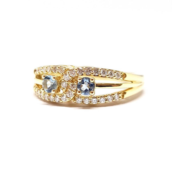 Bague lien aiguës marine diamants or jaune 18 carats