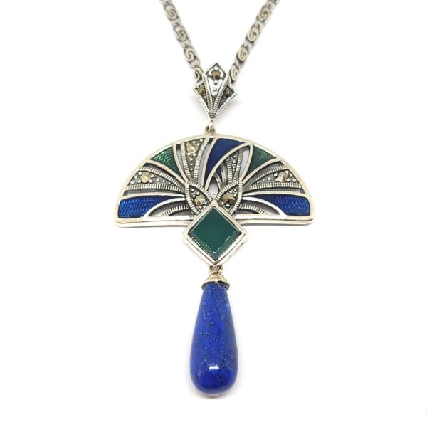 Collier vintage lapis lazuli émail argent 925/1000