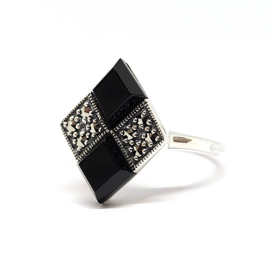 Bague-vintage-losange-onyx-marcassites-925/1000