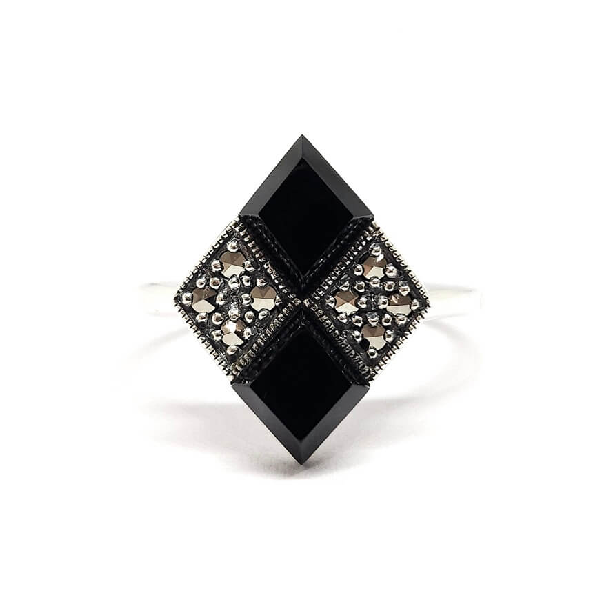 Bague-vintage-losange-onyx-marcassites-925/1000